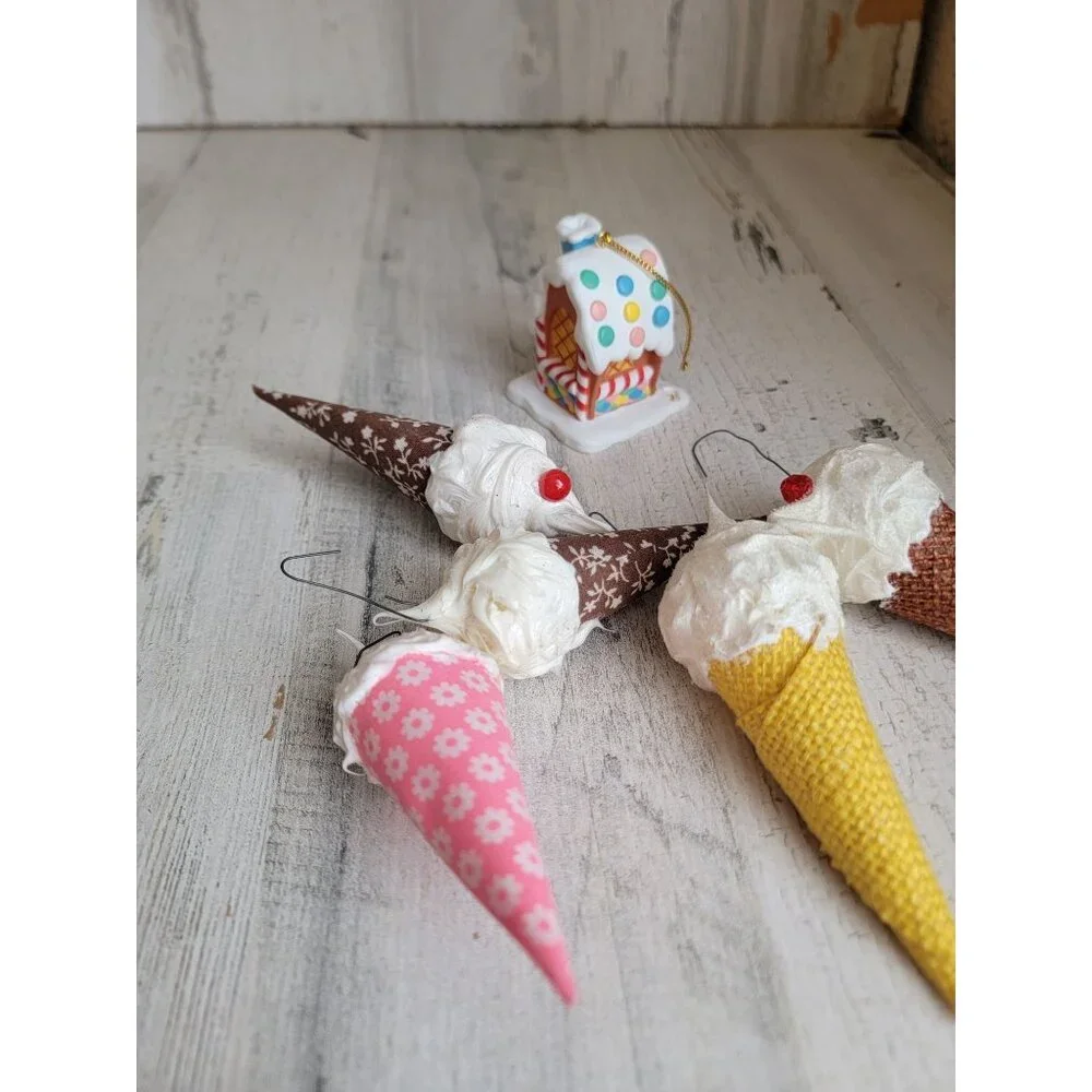 Vintage ice cream cone treat gingerbread house‎ variety ornament Xmas set